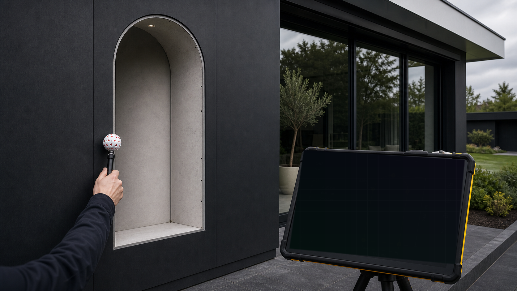 Render van een afgeronde villa-sparing die met V-pen wordt ingemeten en live op tablet verschijnt